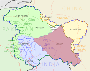 Map showing Ladakh, in pink. The rest of Kashmir under Indian control is shown in blue and Siachen Glacier in white.