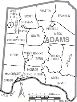 Map of Adams County Ohio With Municipal and Township Labels