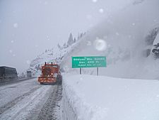 Left: I-5 at Siskiyou Summit (2010); right: Snowplow clearing snow on Siskiyou Summit.