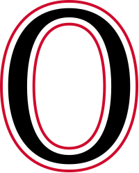 Large black 'O' in front of red and black horizontal stripes