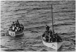 Photograph of two lifeboats carying TITANIC survivors. The folowing caption appears on the back of the mat, "Boat No... - NARA - 278336