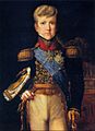 Three-quarters length painted portrait of the pre-adolescent Pedro in gold-embroidered tunic with sash of office and hat tucked under his right arm and left hand resting on the pommel of his sword