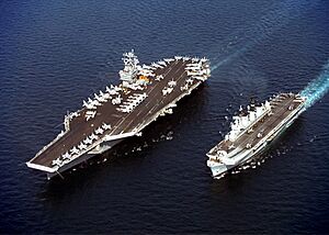 USS John C. Stennis (CVN-74) and HMS Illustrious (R 06) in the Persian Gulf on April 9, 1998