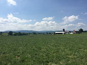 2016-06-26 15 35 43 View northwest across a farm from Virginia State Route 257 (Briery Branch Road) at Virginia State Secondary Route 613 (Clover Hill Road) and Virginia State Secondary Route 742 (Waggys Creek Road) in Ottobine, Virginia