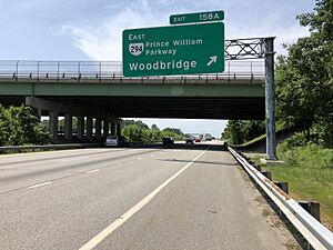 2019-05-29 11 47 27 View south along Interstate 95 at Exit 158A (EAST Virginia State Route 294-Prince William Parkway, Woodbridge) on the edge of Potomac Mills and Marumsco in Prince William County, Virginia