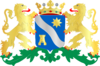 Centre ivory shield with centered black 8-pointed start. Gold lions rampant holding the shield on both sides and bejeweled crown on top.