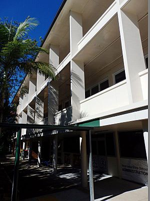 Block D; north elevation with verandahs and concrete fins, view from northwest (EHP, 2 June 2015)