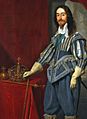 Coronation portrait of Charles I standing next to some of his regalia in front of a red drape.