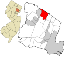 Location of Caldwell in Essex County highlighted in red (right). Inset map: Location of Essex County in New Jersey highlighted in orange (left).