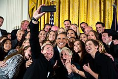 Group selfie of the United States Women's National Soccer Team with Barack Obama