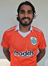 Indian defender Sandesh Jhingan in Sporting Clube de Goa home kit in February 2015, photographed in Goa
