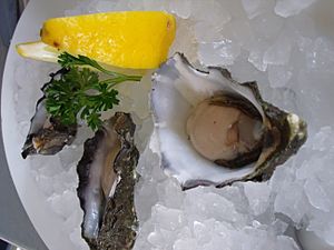 Oysters served on ice, with lemon and parsley