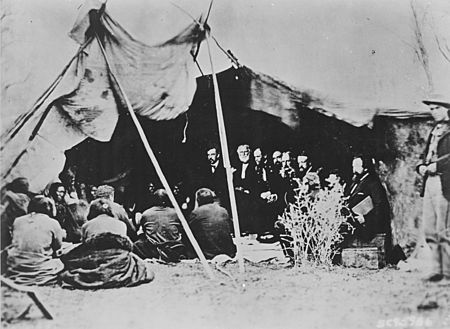 Photograph of General William T. Sherman and Commissioners in Council with Indian Chiefs at Fort Laramie, Wyoming, ca. 1 - NARA - 531079 (cropped)