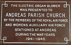 Plaque commemorating the donation of the organ to St Andrew's Church, Andreas