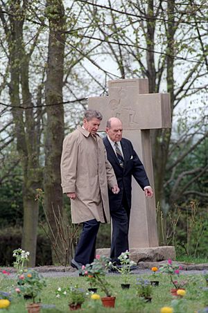 President Ronald Reagan walking with General Matthew Ridgeway at Bitburg Cemetery Federal Republic of Germany