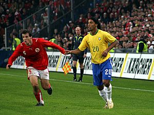 Brazilian Ronaldinho Gaucho celebrates his goal against Bolivia at