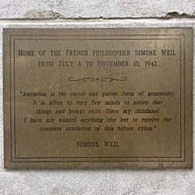 Simone Weil plaque - NYC home