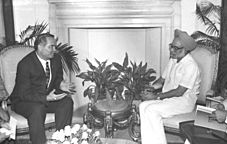 The Union Minister for Finance Dr. Manmohan Singh with the visiting President of Uzbekistan, Mr. Islam Karimov during their meeting in New Delhi on August 27, 1991
