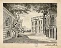 Una via, nel fondo la chiesa del Laterano. A destra la casa di Rienzi, bozzetto di artista ignoto per Rienzi (1842) - Archivio Storico Ricordi ICON002153