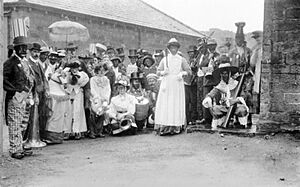 Villagers dressed as minstrels for club day Rivington Lancashire Victorian era