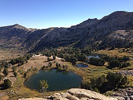 2013-09-18 09 59 39 View northeast across the Dollar Lakes from a ledge near 10000 feet along the Ruby Crest National Recreation Trail in Lamoille Canyon, Nevada.jpg