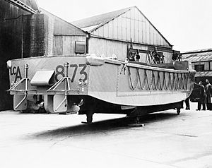 A newly-completed LCA (assault landing craft) ready for launching, 1942. A9838
