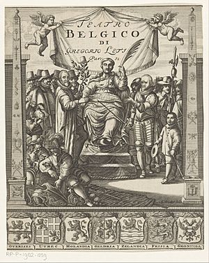Allegorische voorstelling met prinsen van Oranje Willem I en Maurits Titelpagina voor Gregorio Leti, Teatro Belgico, 1690, RP-P-1982-1239