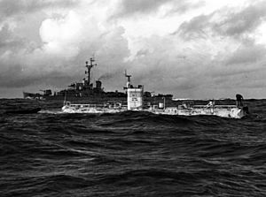 Bathyscaphe Trieste with USS Lewis (DE-535) over the Marianas Trench, 23 January 1960 (NH 96797)