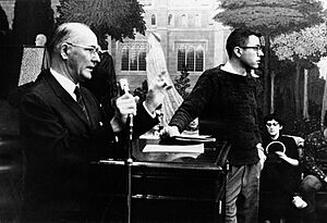 Bernie Sanders and University of Chicago President George Beadle at Congress of Racial Equality Meeting on Housing Sit-Ins