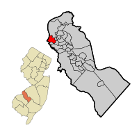Gloucester City highlighted in Camden County. Inset: Location of Camden County in the State of New Jersey.