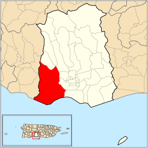 Location of barrio Canas within the municipality of Ponce shown in red