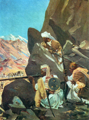 HILL TRIBESMEN SNIPING A BRITISH FORCE ON THE NORTH-WEST FRONTIER.