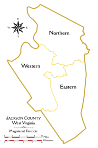 Outline map of Jackson County, West Virginia, showing the boundaries and names of the three current magisterial districts.