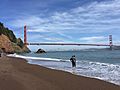 Kirby Cove beach with views of Golden Gate Bridge and San Francisco, April 2021