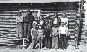 Mildred Hall, the first public school teacher in the NWT, and her students, in 1939