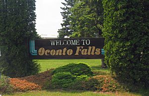 Oconto Falls greeting sign, facing US-22 West on the northeast side of town