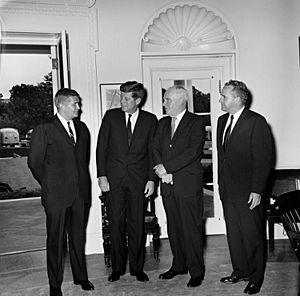 President John F. Kennedy with North Carolina Governor Terry Sanford and Secretary of Commerce Luther H. Hodges