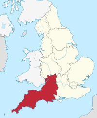 South West England, highlighted in red on a beige political map of England