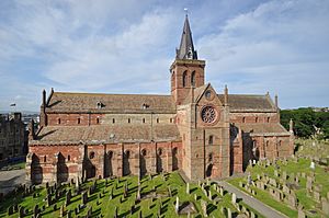 colour photograph of St Magnus Cathedral, Kirkwall, Orkney - viewed from Bishop's Palace