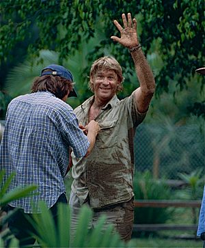 The Late " Crocodile Hunter " Steve Irwin after playing with Dingos (10248657575)