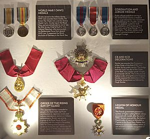 The medals of Sir Hugh Sinclair on display at Bletchley Park, May 2023