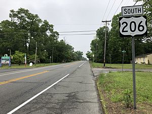 2018-05-23 07 56 26 View south along U.S. Route 206 at Lake Road in Tabernacle Township, Burlington County, New Jersey