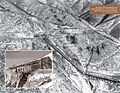 Aerial view of the Changjin (Chosin) Reservoir penstocks in the Funchilin Pass, with a close-up of the damaged bridge