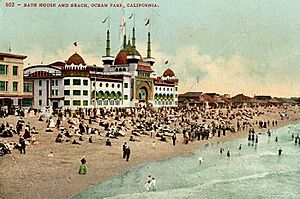Bath house and beach, Ocean Park, California (15301642599) (cropped)