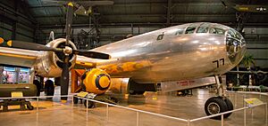 Bockscar and a nuclear weapon painted to resemble the Fat Man bomb