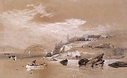 A watercolor of Fort Astoria while under British ownership and called Fort George, 1813–1818.