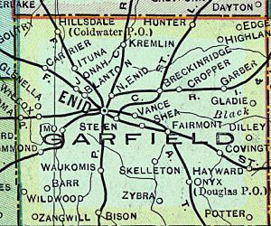 1909 map of Garfield County, Oklahoma with Blanton.