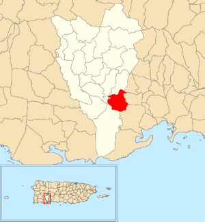 Location of Jácana within the municipality of Yauco shown in red