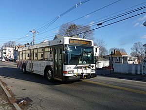 LRTA bus along Stevens Street at Light Avenue; Lowell, MA; 2011-12-08