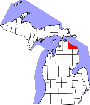 Map of Michigan highlighting Presque Isle County